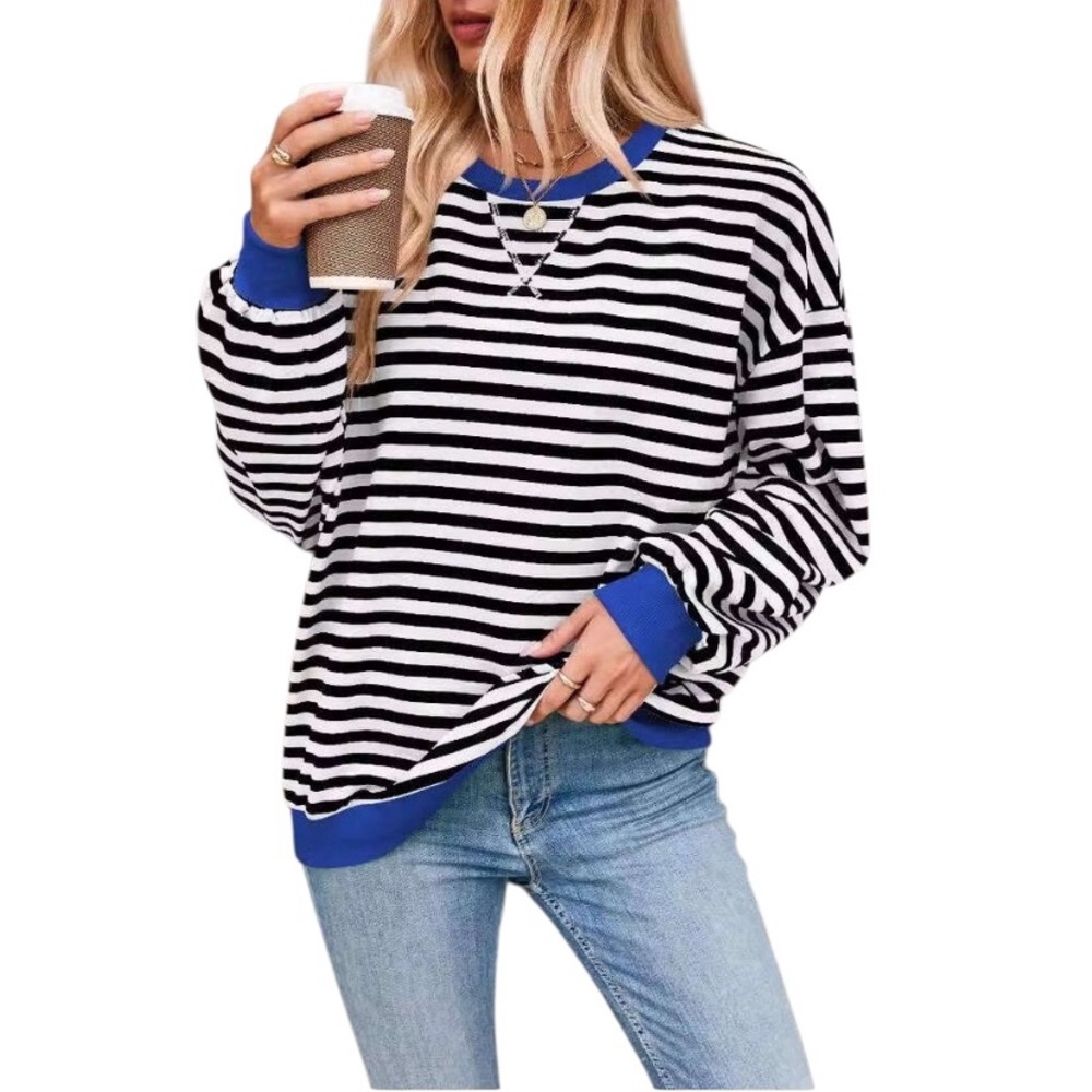 Classic Black & White Stripe Sweatshirt with Blue Ribbed Contrast Trim Size Med